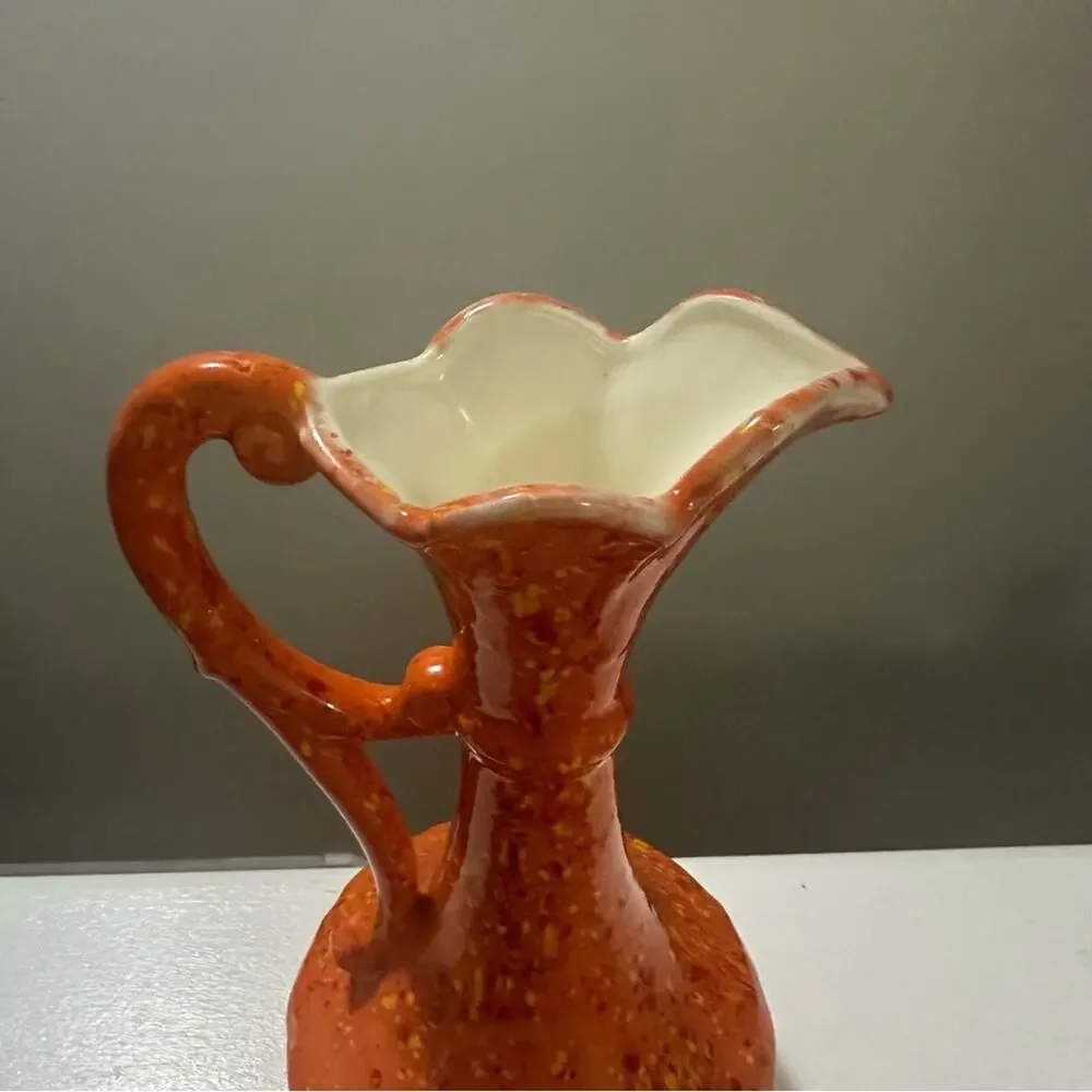 Vintage 1974 Handmade Ceramic Vase w/Handle Orange w/Yellow Red Specks 12” tall - Picture 3 of 9